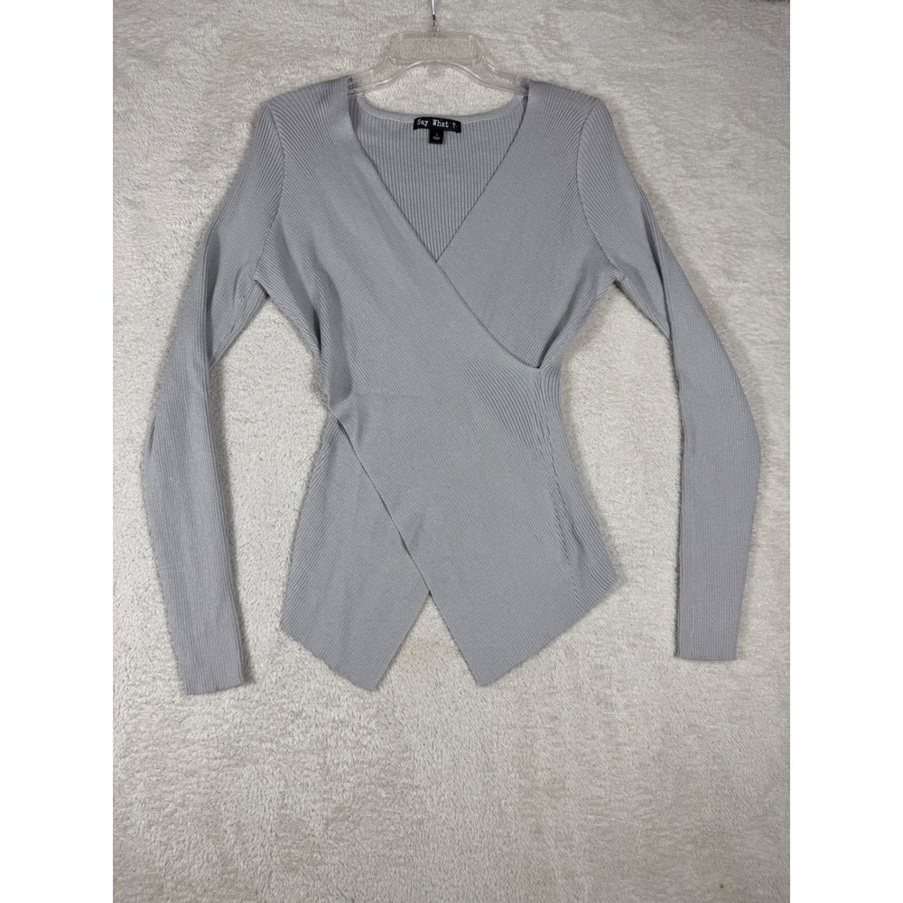 Say What? Wrap Top Womens Large Gray Excellent Ribbed V-Neck Long Sleeve Knit